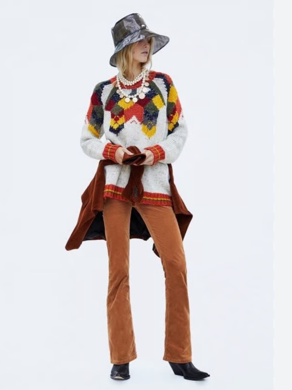 Zara Cream Fair Isle Crewneck Sweater with Red, Mustard & Olive Accents